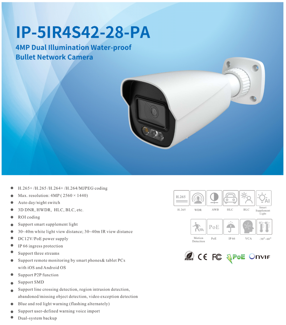 ENS Titanium IP-5IR4S42-28-PA IP 4MP 2.8mm Full Color Dual Light WDR AI PoE NDAA Bullet Camera