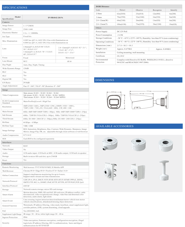 ENS Titanium IP-5IR4S42-28-PA IP 4MP 2.8mm Full Color Dual Light WDR AI PoE NDAA Bullet Camera