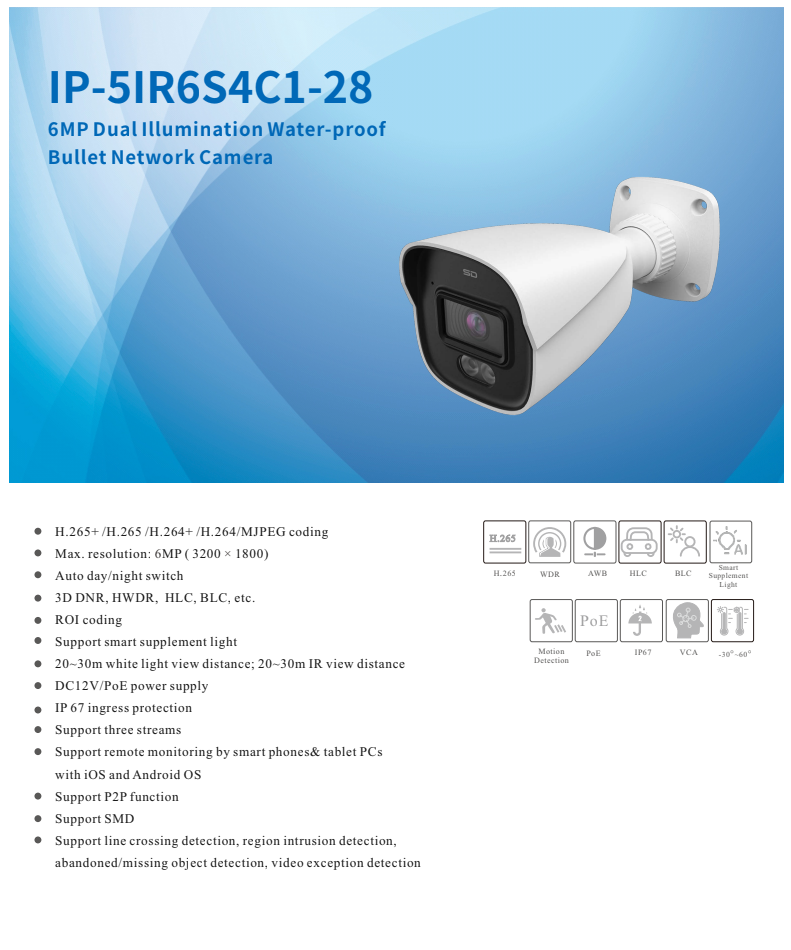 ENS Titanium IP-5IR6S4C1-28 IP 6MP 2.8mm Dual Light Color 98ft LED Built-in Mic NDAA Bullet Camera