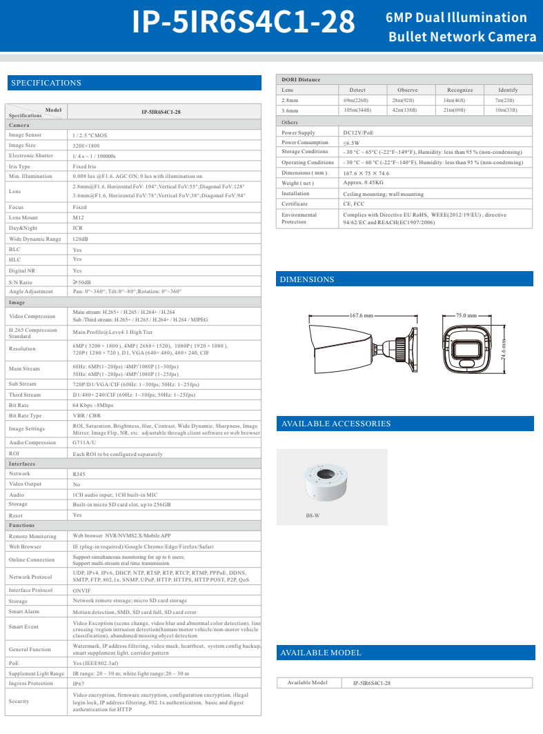ENS Titanium IP-5IR6S4C1-28 IP 6MP 2.8mm Dual Light Color 98ft LED Built-in Mic NDAA Bullet Camera