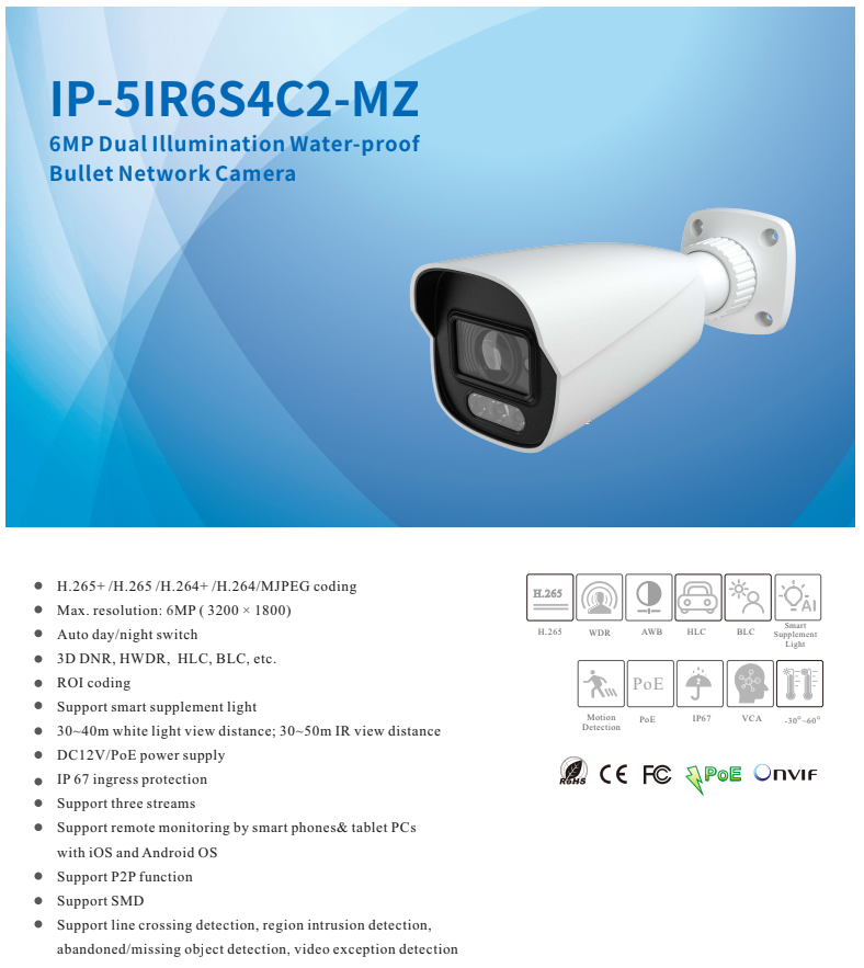 ENS Titanium IP-5IR6S4C2-MZ IP 6MP 2.8-12mm MZ 164ft LED Dual Light Color Mic NDAA Bullet Camera