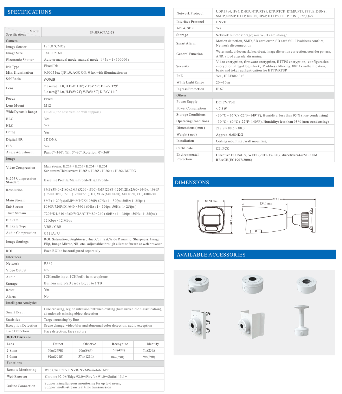 ENS Titanium IP-5IR8C4A2-28 IP 8MP/4K 2.8mm 98ft White Light Color Ai-ISP PoE NDAA Bullet Camera