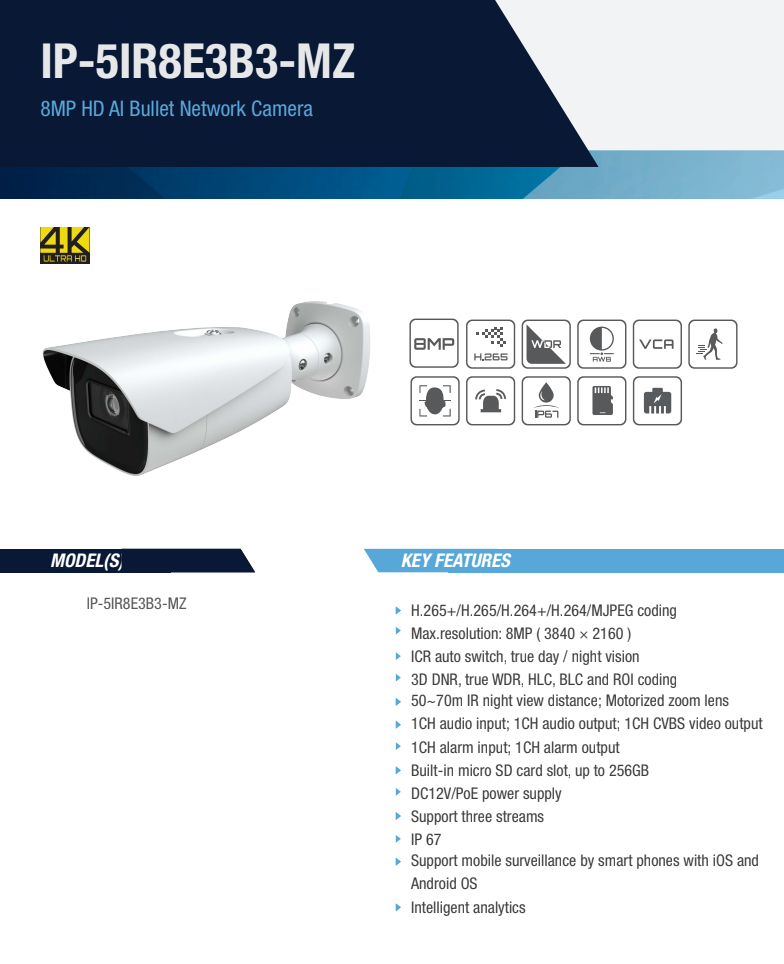 ENS Titanium IP-5IR8E3B3-MZ IP 8MP/4K 2.8-12mm Motorized 230ft IR WDR AI PoE NDAA Bullet Camera