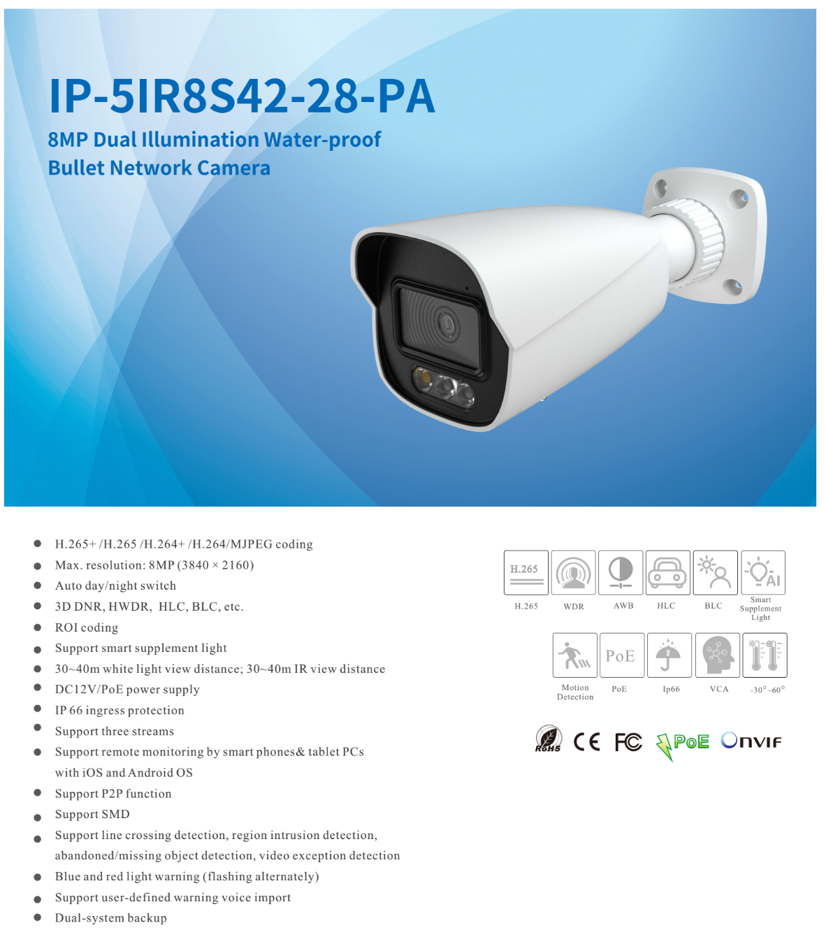 ENS Titanium IP-5IR8S42-28-PA IP 8MP/4K 2.8mm 131ft Dual Light Color WDR AI PoE NDAA Bullet Camera