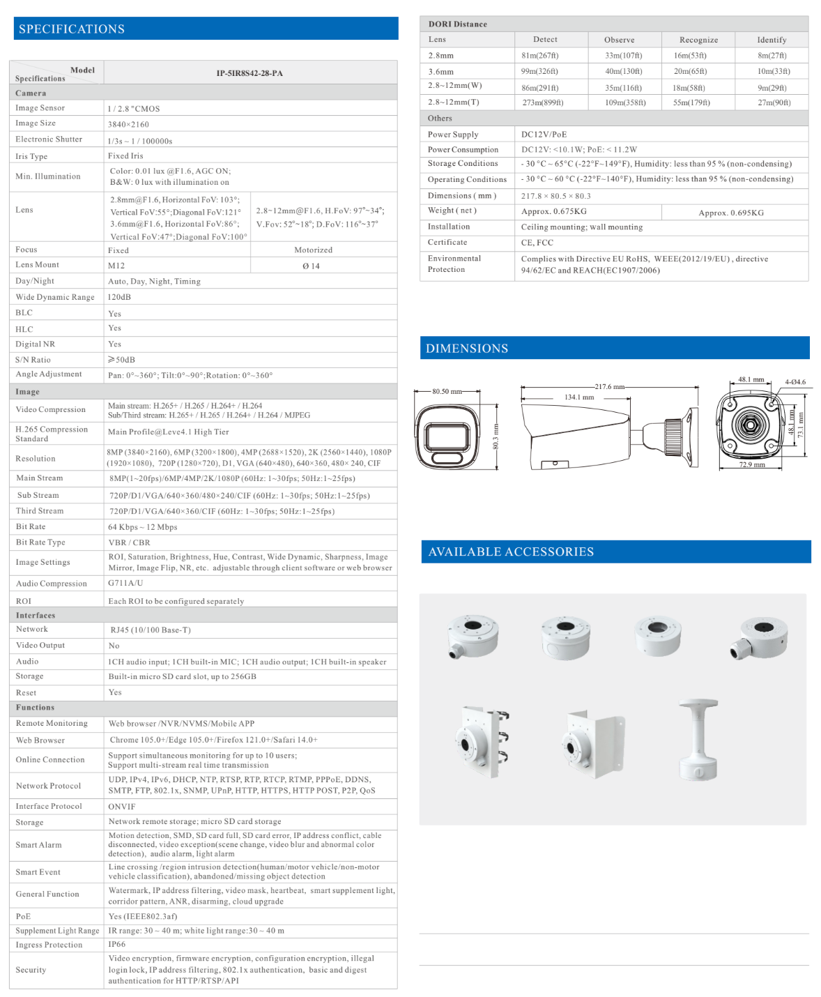 ENS Titanium IP-5IR8S42-28-PA IP 8MP/4K 2.8mm 131ft Dual Light Color WDR AI PoE NDAA Bullet Camera