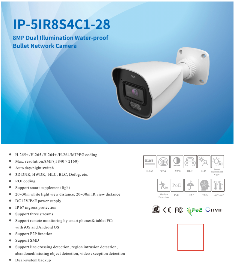 ENS Titanium IP-5IR8S4C1-28 IP 8MP/4K 2.8mm Dual Light Color 98ft LED With Mic NDAA Bullet Camera
