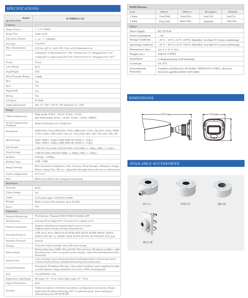 ENS Titanium IP-5IR8S4C1-28 IP 8MP/4K 2.8mm Dual Light Color 98ft LED With Mic NDAA Bullet Camera