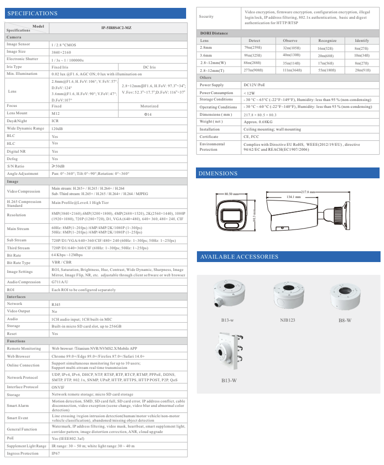ENS Titanium IP-5IR8S4C2-MZ IP 8MP/4K 2.8-12mm Motorized Full Color WDR AI NDAA Bullet Camera