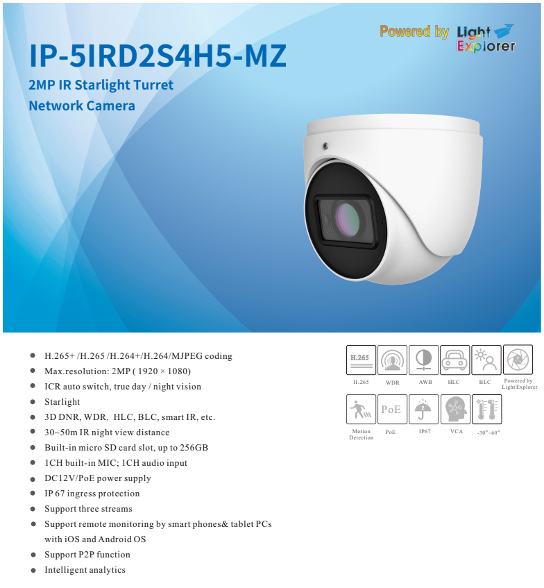 ENS Titanium IP-5IRD2S4H5-MZ IP 2MP 2.8-12mm Motorized Lens Built-in Mic Starlight NDAA Turret Cam