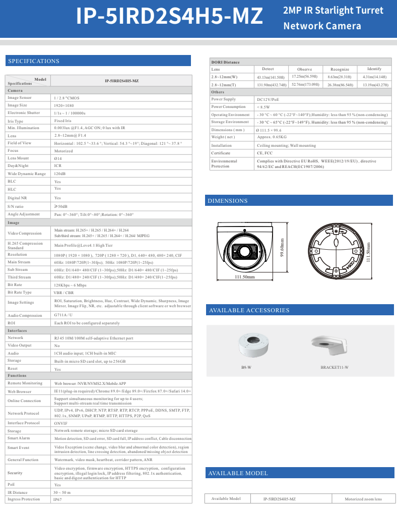 ENS Titanium IP-5IRD2S4H5-MZ IP 2MP 2.8-12mm Motorized Lens Built-in Mic Starlight NDAA Turret Cam