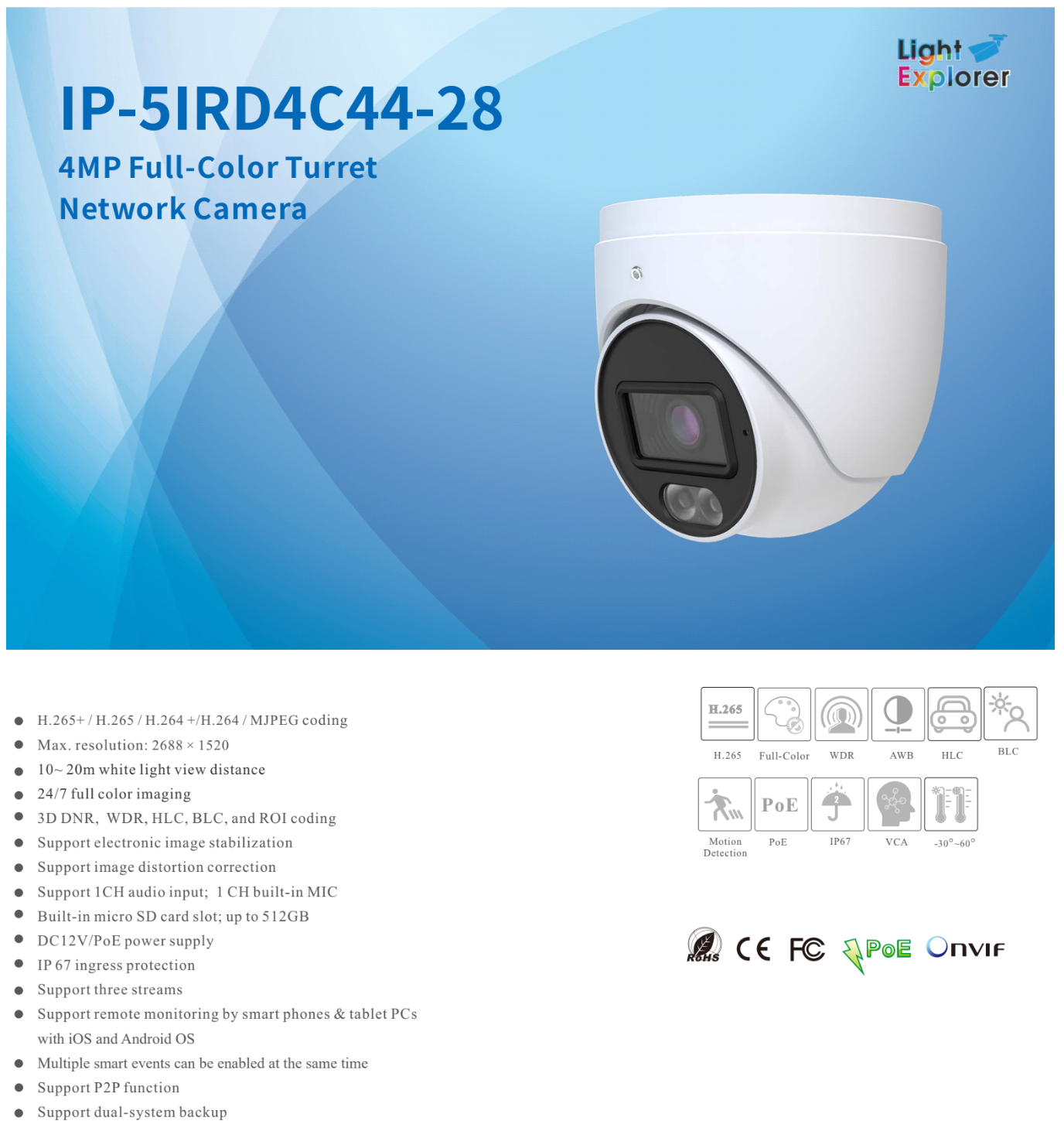 ENS Titanium IP-5IRD4C44-28 IP 4MP 2.8mm 66ft White Light Color WDR AI PoE NDAA Turret Camera