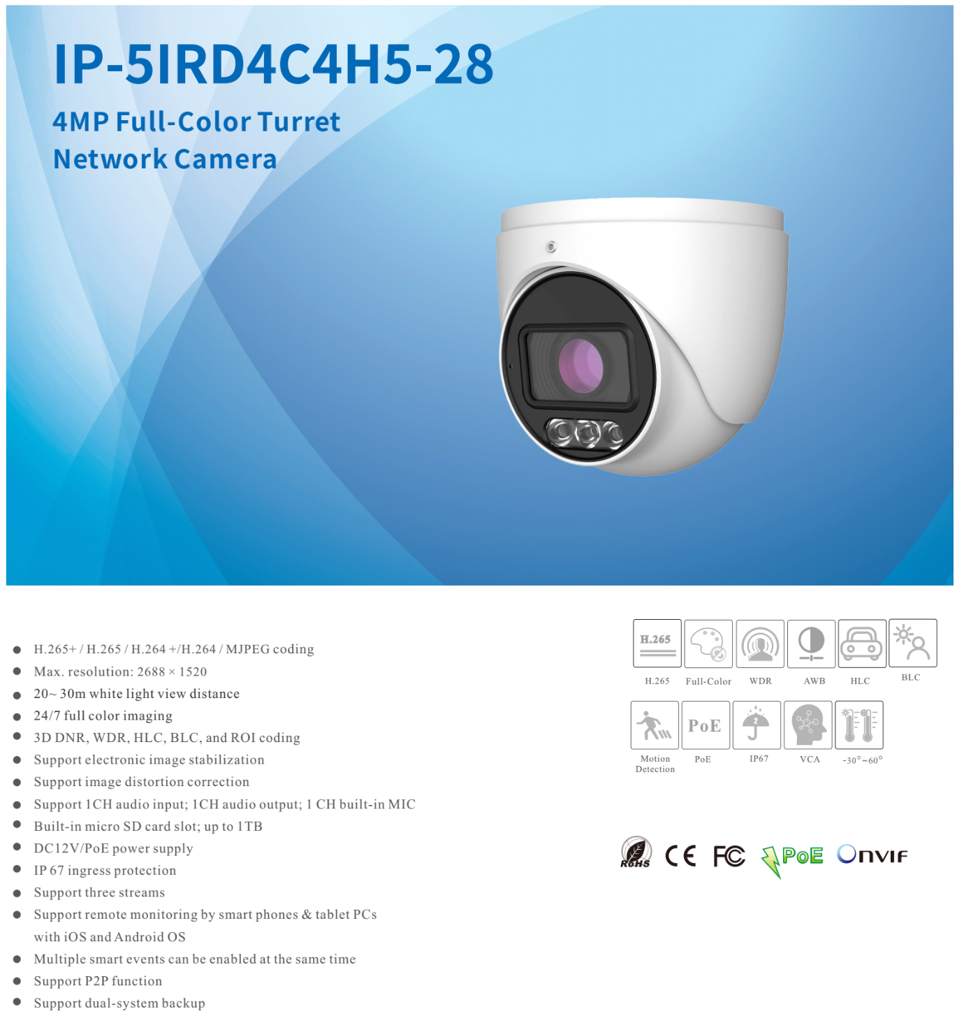 ENS Titanium IP-5IRD4C4H5-28 IP 4MP 2.8mm 98ft White Light Color WDR AI PoE NDAA Turret Camera