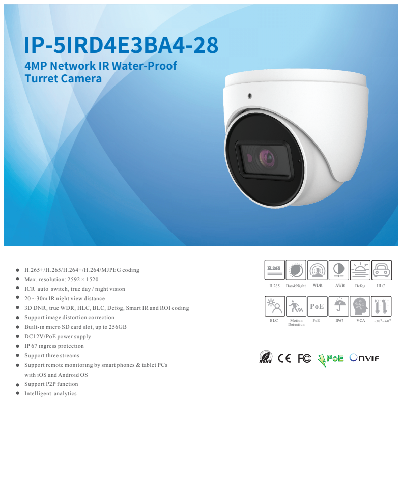 ENS Titanium IP-5IRD4E3BA4-28 IP 4MP 2.8mm 98ft IR Ai Face Detection WDR Mic NDAA Dome Camera