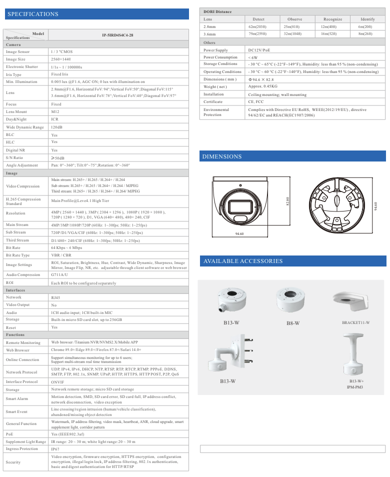 ENS Titanium IP-5IRD4S4C4-28 IP 4MP 2.8mm 98ft LED Dual Light Color With Mic NDAA Eyeball Camera