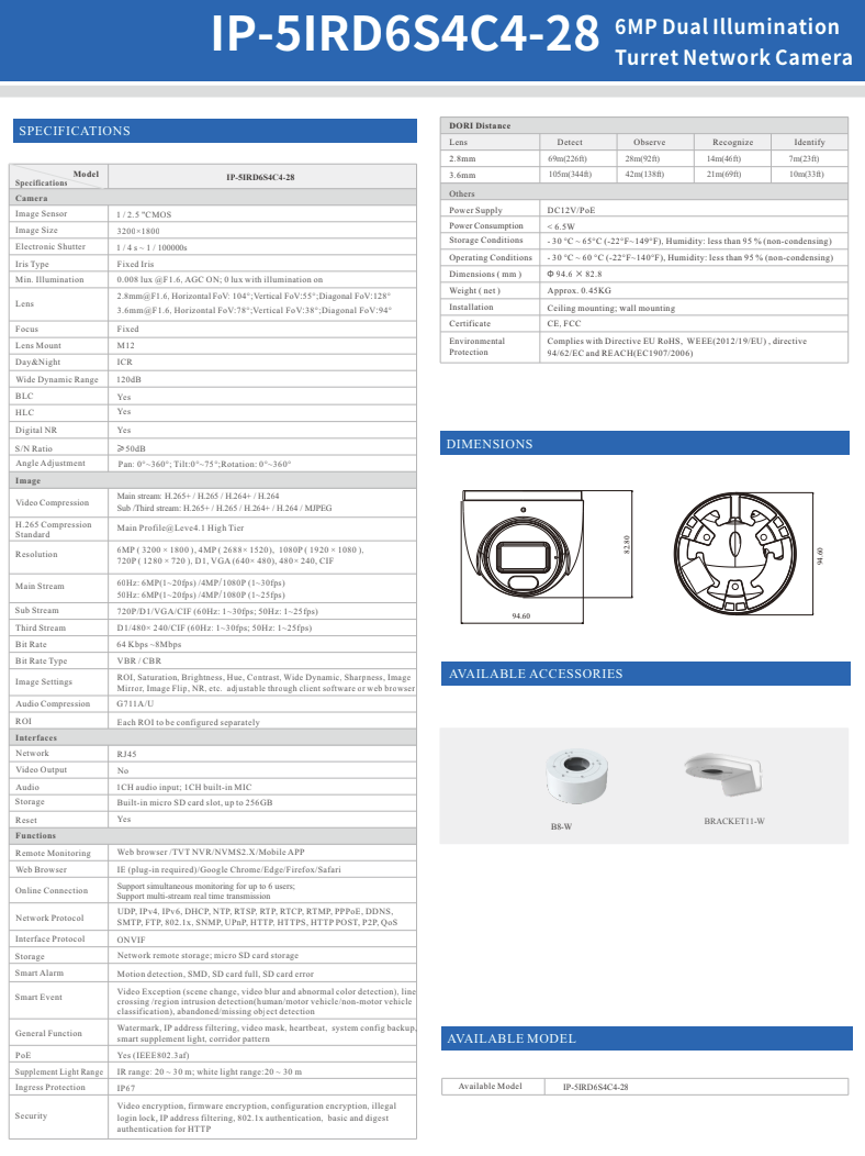 ENS Titanium IP-5IRD6S4C4-28 IP 6MP 2.8mm Dual Light Color 98ft LED With Mic NDAA Turret Camera