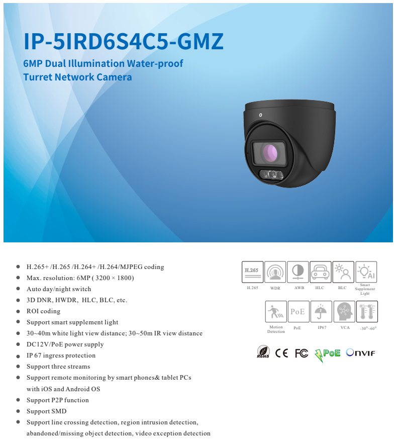 ENS Titanium IP-5IRD6S4C5-GMZ IP 6MP 2.8-12mm MZ 164ft LED Dual Light Color With Mic NDAA Camera