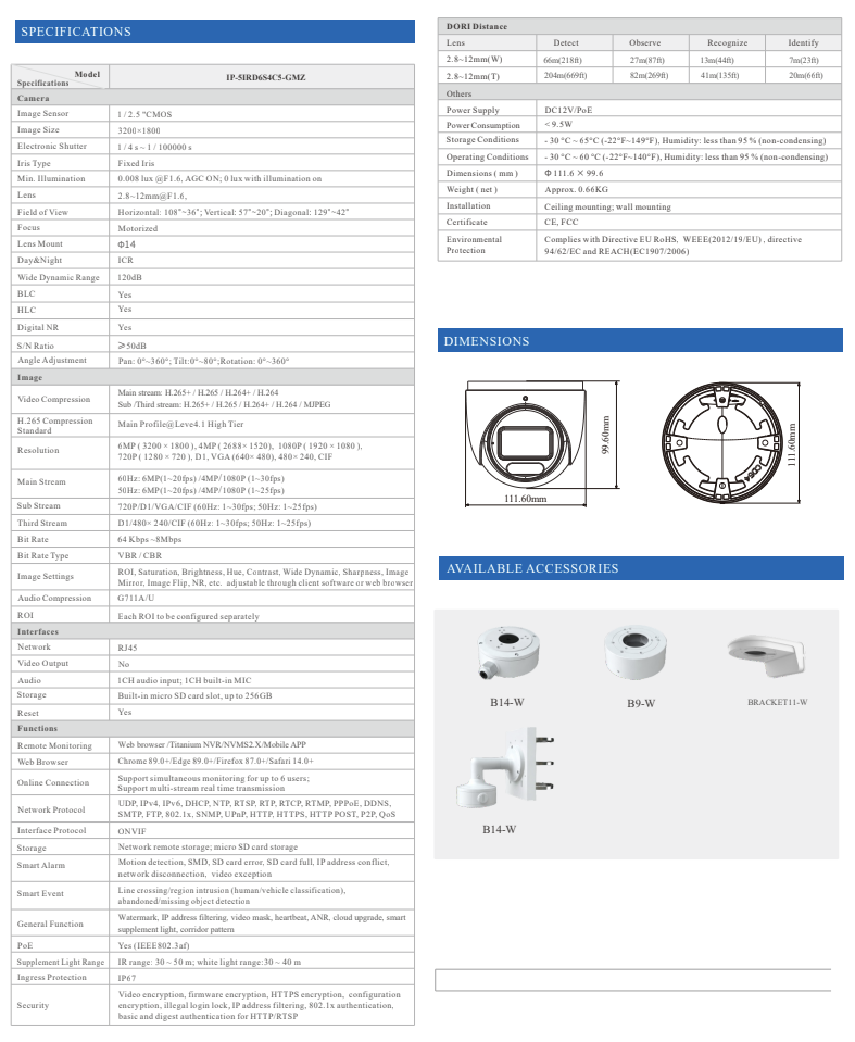 ENS Titanium IP-5IRD6S4C5-GMZ IP 6MP 2.8-12mm MZ 164ft LED Dual Light Color With Mic NDAA Camera