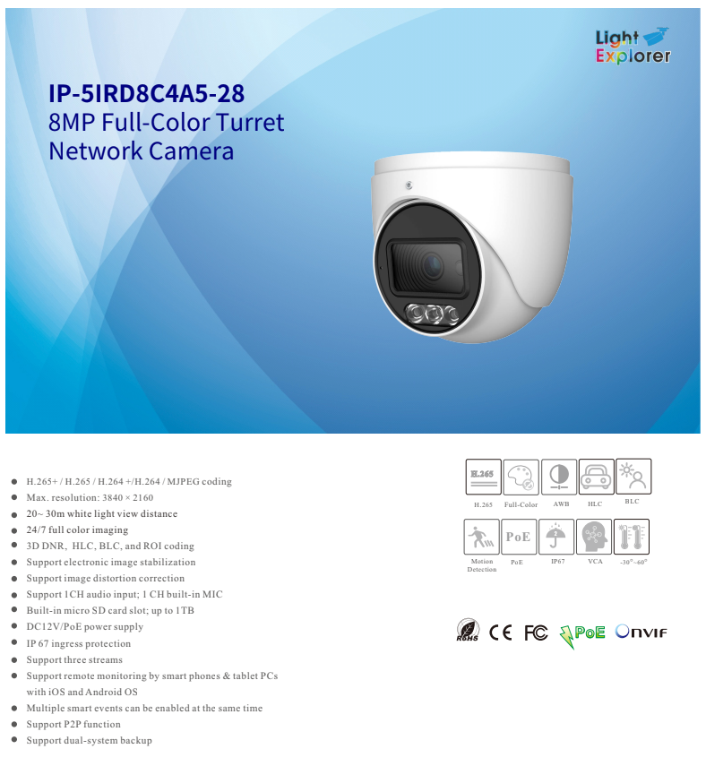 ENS Titanium IP-5IRD8C4A5-28 IP 8MP/4K 2.8mm AI-ISP 98ft Full Color WDR Mic NDAA Dome Camera