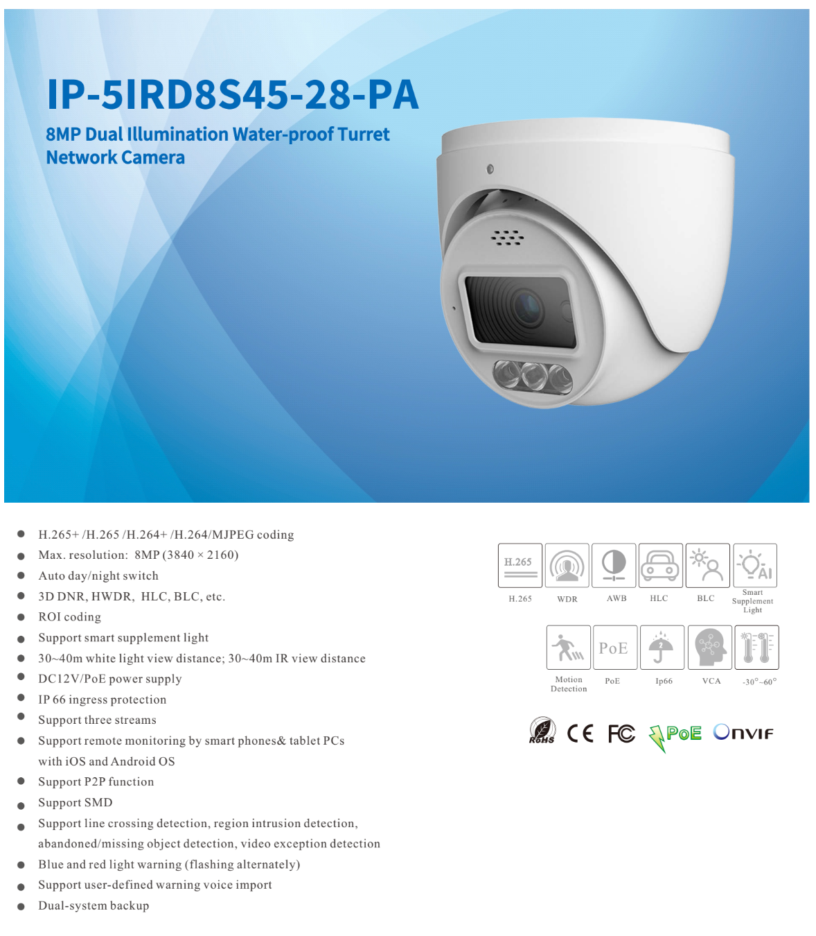 ENS Titanium IP-5IRD8S45-28-PA IP 8MP 4K 24/7 Full-Color Built-In Mic PoE NDAA Turret Camera