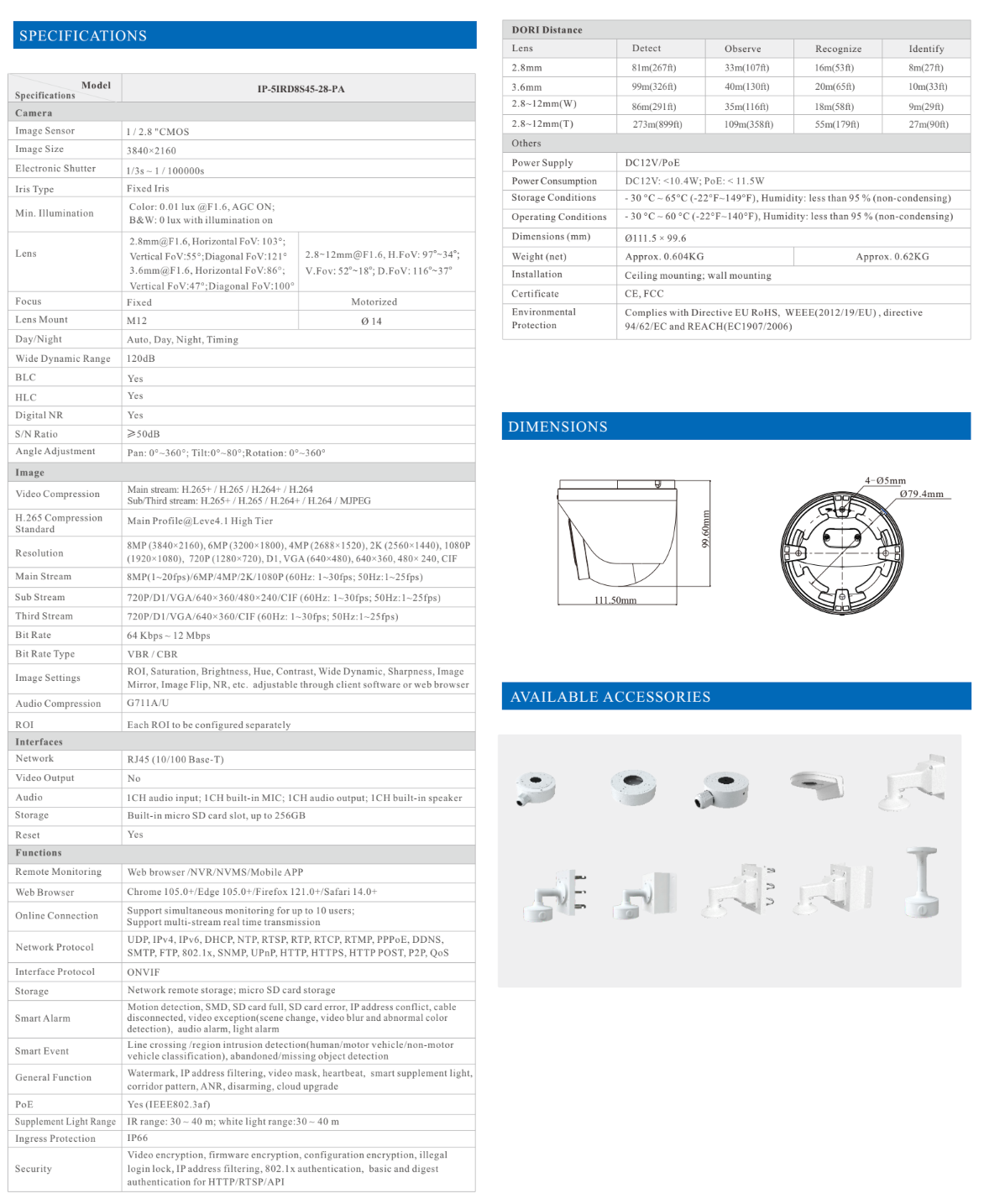 ENS Titanium IP-5IRD8S45-28-PA IP 8MP 4K 24/7 Full-Color Built-In Mic PoE NDAA Turret Camera
