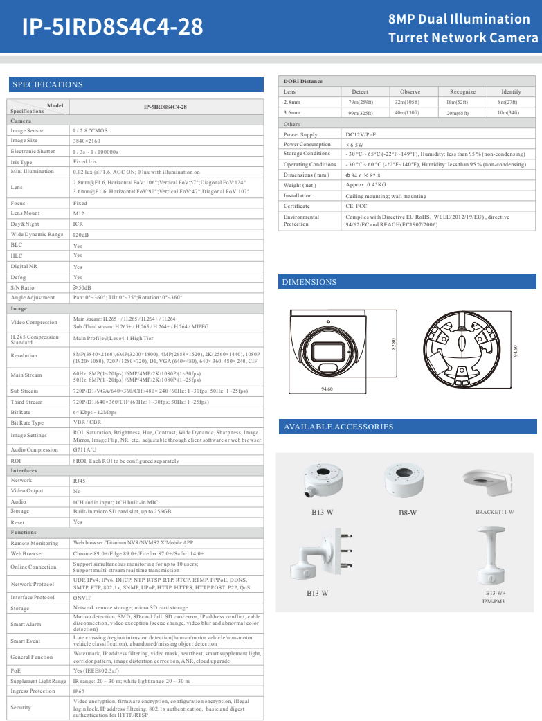 ENS Titanium IP-5IRD8S4C4-28 IP 8MP/4K 2.8mm 98ft LED Dual Light Color With Mic NDAA Turret Camera