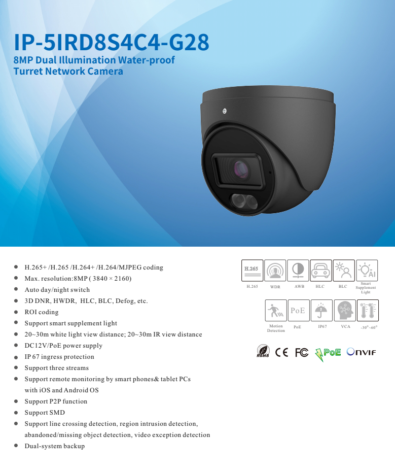 ENS Titanium IP-5IRD8S4C4-G28 IP 8MP/4K 2.8mm Full Color Dual Light WDR AI PoE NDAA Dome Camera