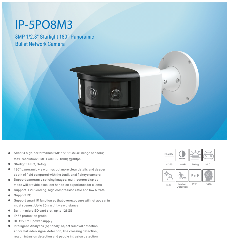 ENS Titanium IP-5PO8M3 IP 8MP/4K 4x2MP 180 Panoramic Starlight 66ft IR NDAA Bullet Camera