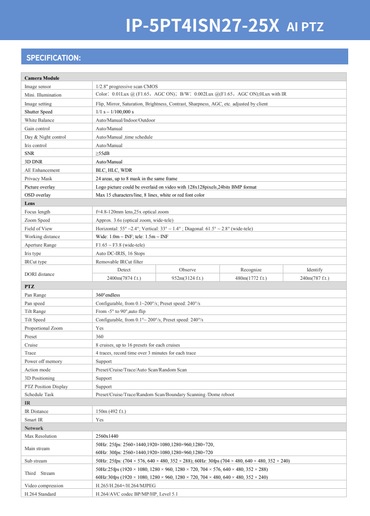 ENS Titanium IP-5PT4ISN27-25X IP 4MP 25x 4.8-120mm MZ 492ft IR Auto Tracking PTZ NDAA Camera