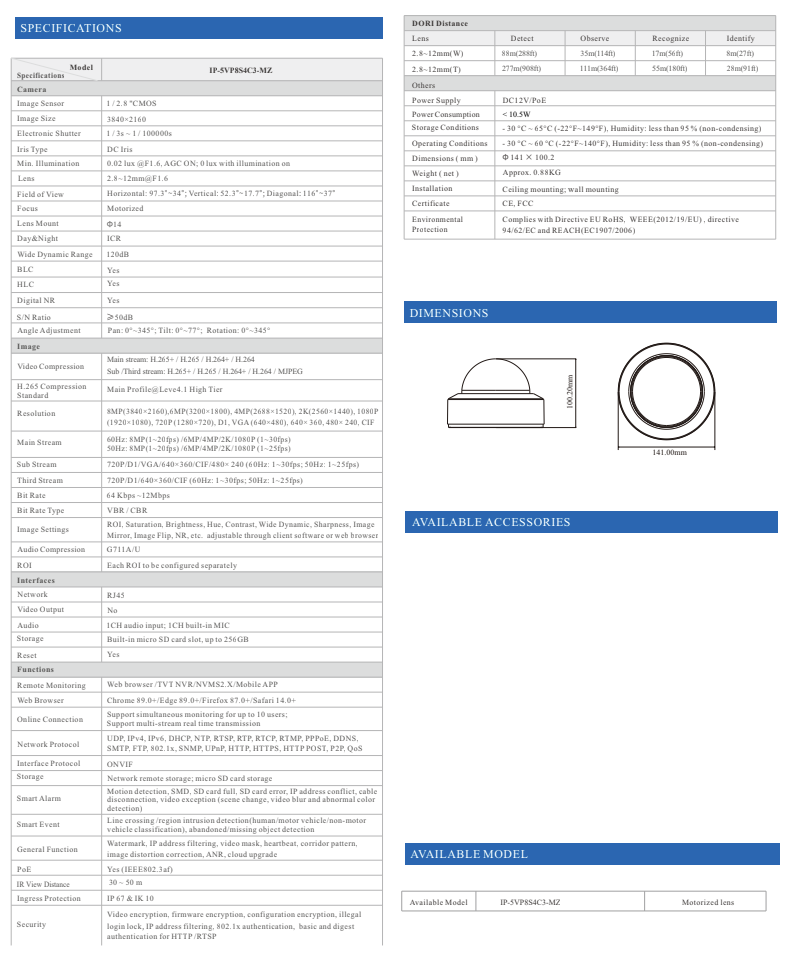 ENS Titanium IP-5VP8S4C3-MZ IP 8MP 4K 2.8-12mm Motorized Zoom 164ft IR AI Vandal NDAA Dome Camera