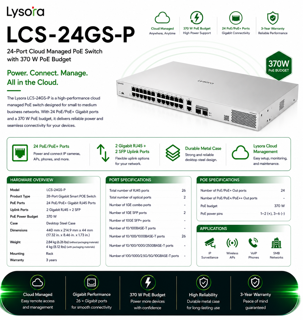 Lysora LCS-24GS-P 24-Port Gigabit Cloud Managed PoE Switch with 2 SFP Uplinks NDAA