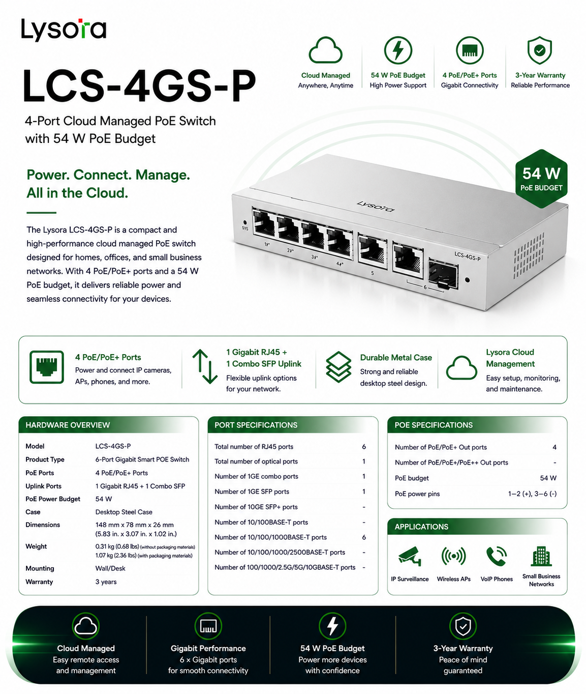 Lysora LCS-4GS-P 4-Port Gigabit Cloud Managed PoE Switch with Combo SFP Uplink NDAA