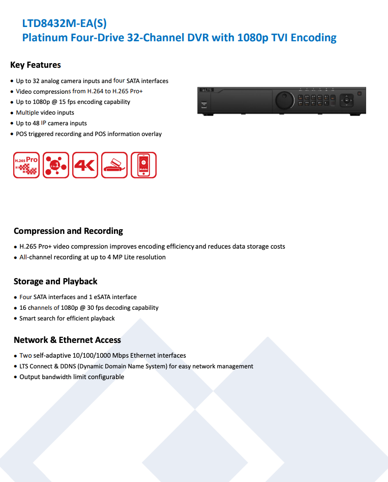 LTS Platinum LTD8432M-EA 32CH 5in1 TVI/CVI/AHD/Analog up to 4MP + 16CH IP upto 6MP 4 SATA DVR Replacement for LTD8432M-ST(S), LTD8432K-EA, LTD8432M-EA(S), LTD8432T-FA