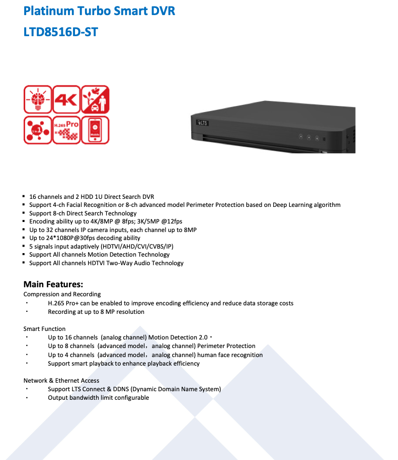 LTS Platinum LTD8516D-ST 16CH 4K/8MP TVI/AHD/CVI/CVBS + 16CH IP Upto 4K/8MP Direct Search DVR Replacement for LTD8516K-ST, LTD8516M-STN, LTD8516M-ST, LTD8516T-ST, LTD8516T-ST(U)