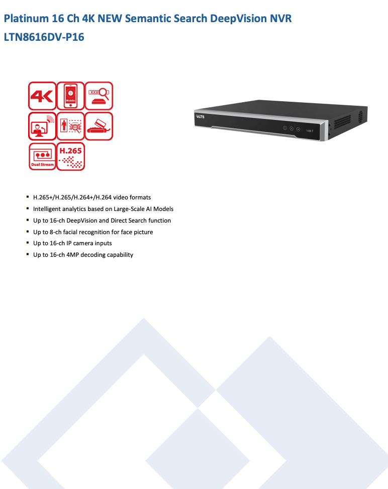 LTS Platinum LTN8616DV-P16 IP 4K 16CH 16 Port PoE DeepVision Semantic Search AI NVR