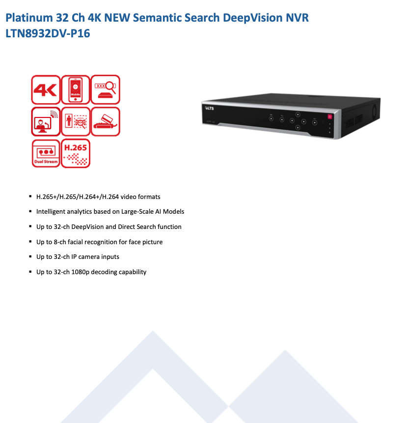 LTS Platinum LTN8932DV-P16 IP 32CH 16 Port PoE Built in Semantic Search DeepVision 4K NVR