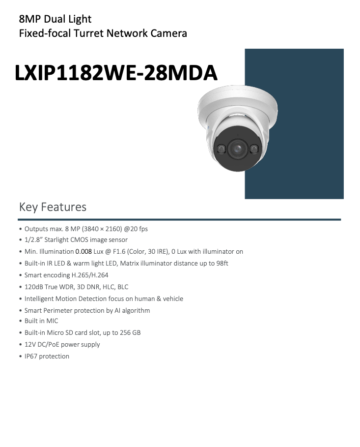 LTS Pro-X LXIP1182WE-28MDA IP 8MP 2.8mm Starlight 98ft Dual LED NDAA Ai Mic Dome Camera Replacement for LXIP1182W-28MA