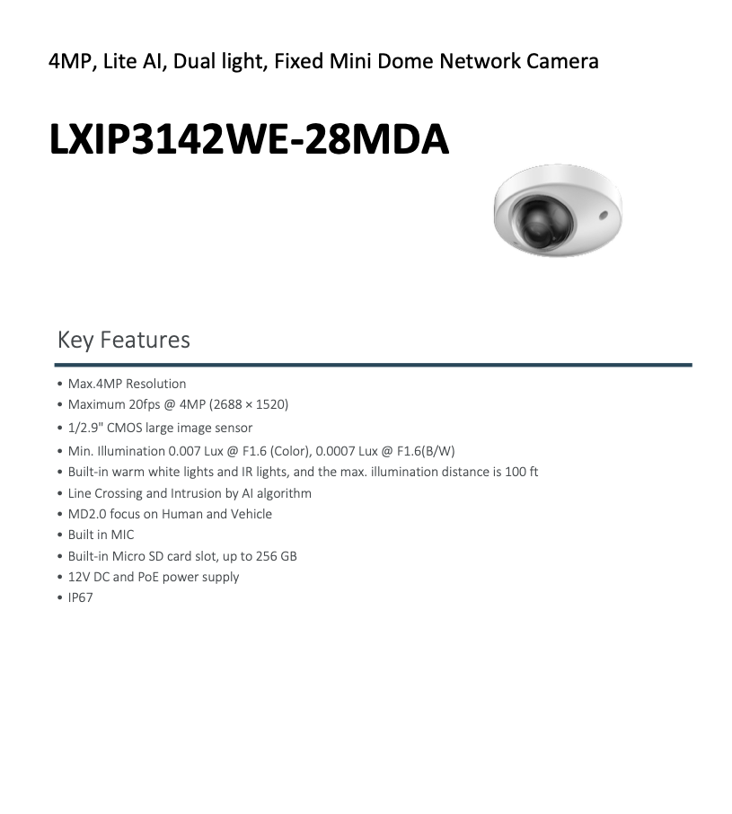 LTS Pro-X LXIP3142WE-28MDA IP 4MP AI Mini Dual Light PoE Mic Human Vehicle NDAA Dome Camera