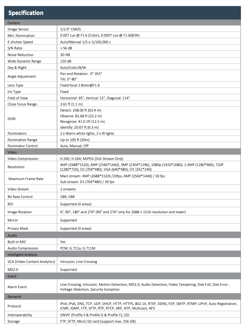 LTS Pro-X LXIP3142WE-28MDA IP 4MP AI Mini Dual Light PoE Mic Human Vehicle NDAA Dome Camera