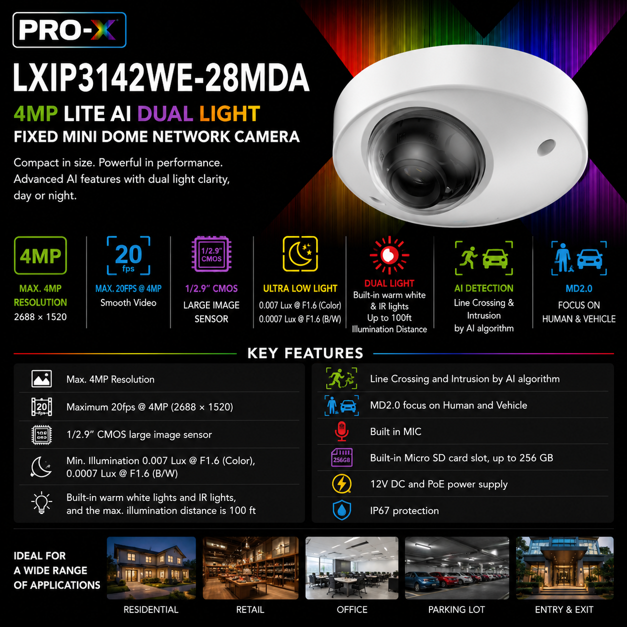 LTS Pro-X LXIP3142WE-28MDA IP 4MP AI Mini Dual Light PoE Mic Human Vehicle NDAA Dome Camera