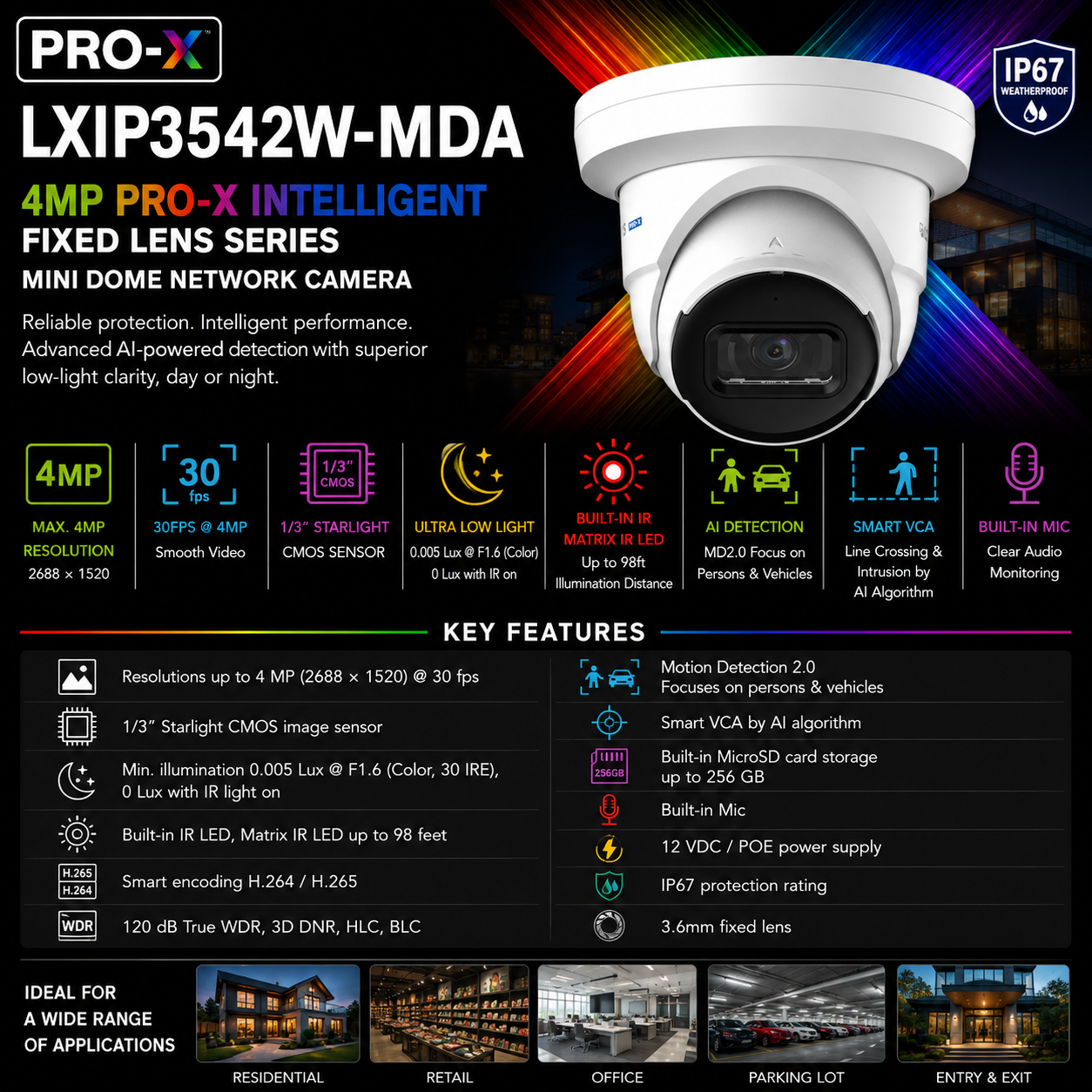 LTS Pro-X LXIP3542W-MDA IP 4MP 30fps 3.6mm Lens 98ft Matrix IR LED Ai Mic NDAA Dome Camera