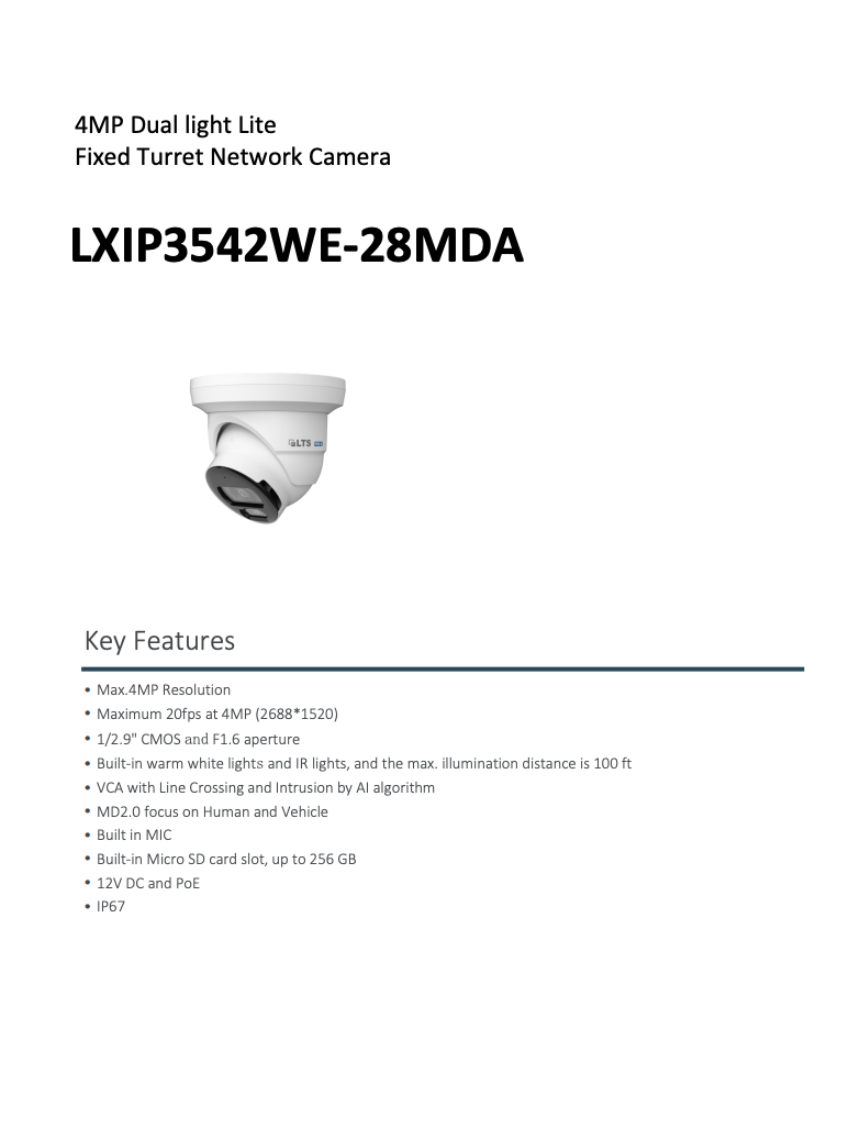 LTS Pro-X LXIP3542WE-28MDA IP 4MP 2.8mm 100ft Dual-Light Color Built-In Mic NDAA Turret Camera Replacement for LXIP3542W-28MDA
