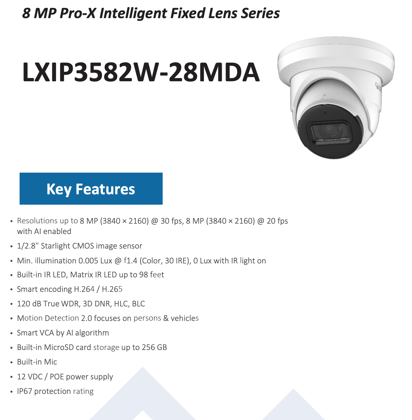 LTS Pro-X LXIP3582W-28MDA PRO-X 8MP IP 2.8mm 98ft IR WDR Builtin Mic Ai NDAA Turret Camera