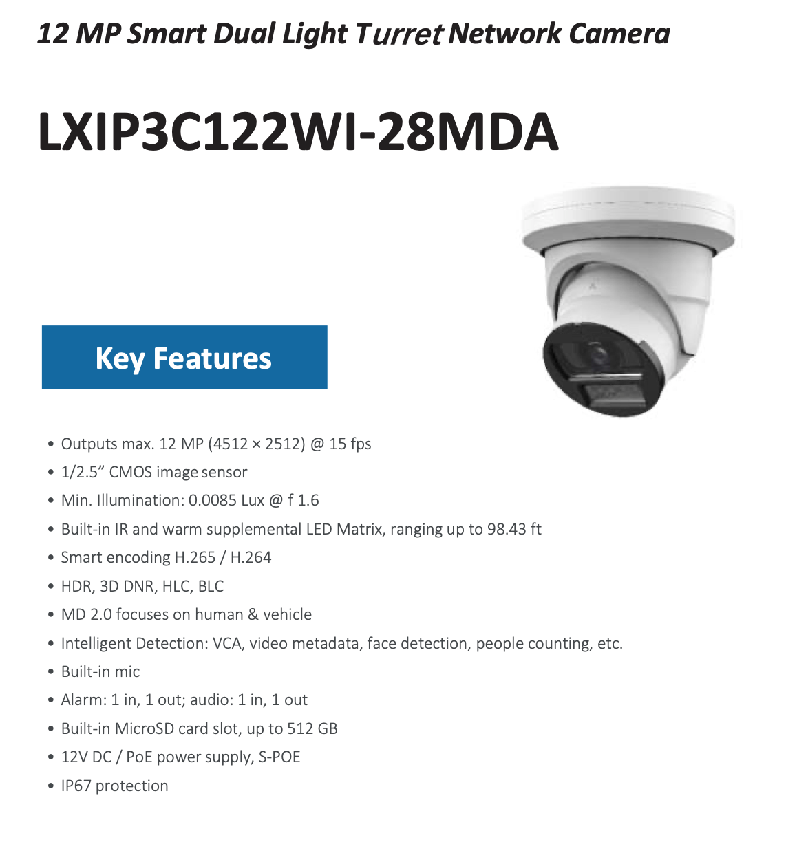 LTS Pro-X LXIP3C122WI-28MDA PRO-X IP 12MP/5K Smart Dual Light Mic Smart Ai Turret Camera