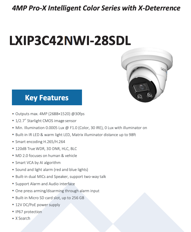 LTS Pro-X LXIP3C42NWI-28SDL IP 4MP Color 24/7 2.8mm 98ft LED Mic/Speaker NDAA Dome Camera Replacement for LXIP3C42WI-28SDL