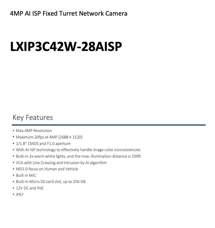 LTS Pro-X LXIP3C42W-28AISP IP 4MP 2.8mm Full Color AI ISP 100ft LED Mic NDAA Dome Camera