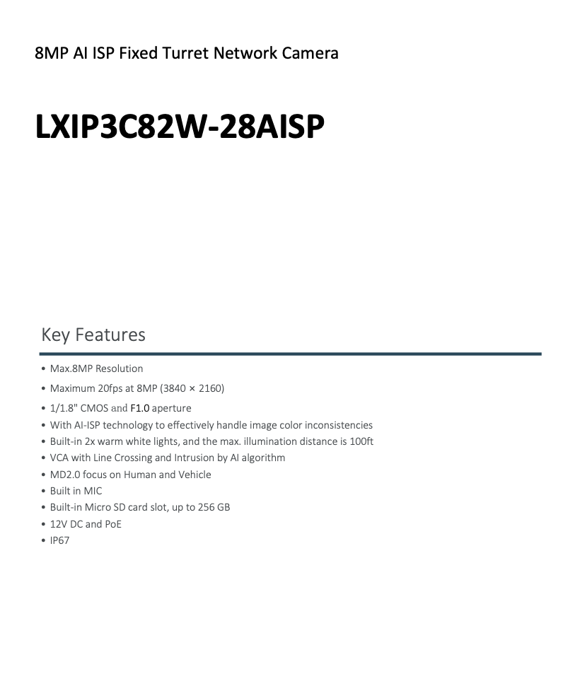 LTS Pro-X LXIP3C82W-28AISP IP 8MP/4K AI ISP Full Color 2.8mm 100ft Light Mic Dome Camera