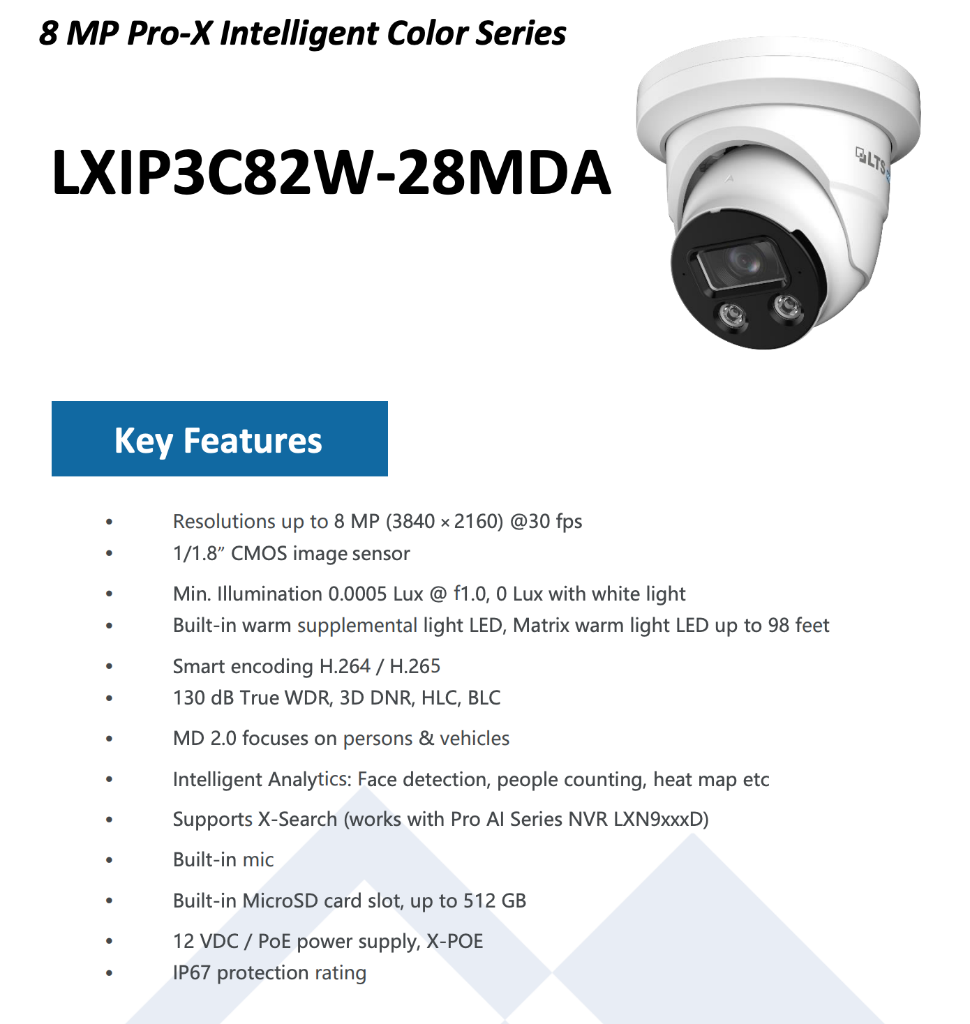 LTS Pro-X LXIP3C82W-28MDA 8MP IP Full Color 24/7 2.8mm WDR Built-in Mic Ai Turret Camera