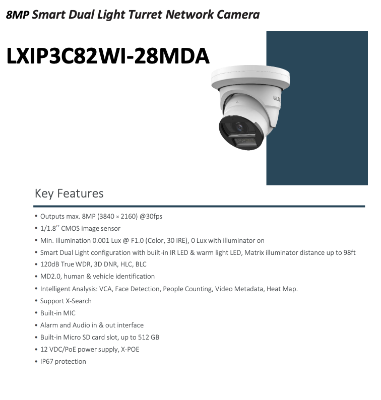 LTS Pro-X LXIP3C82WI-28MDA IP 8MP 2.8mm 98ft WDR Ai Smart Dual Light Mic NDAA Dome Camera Replacement for LXIP3C82W-28MDA