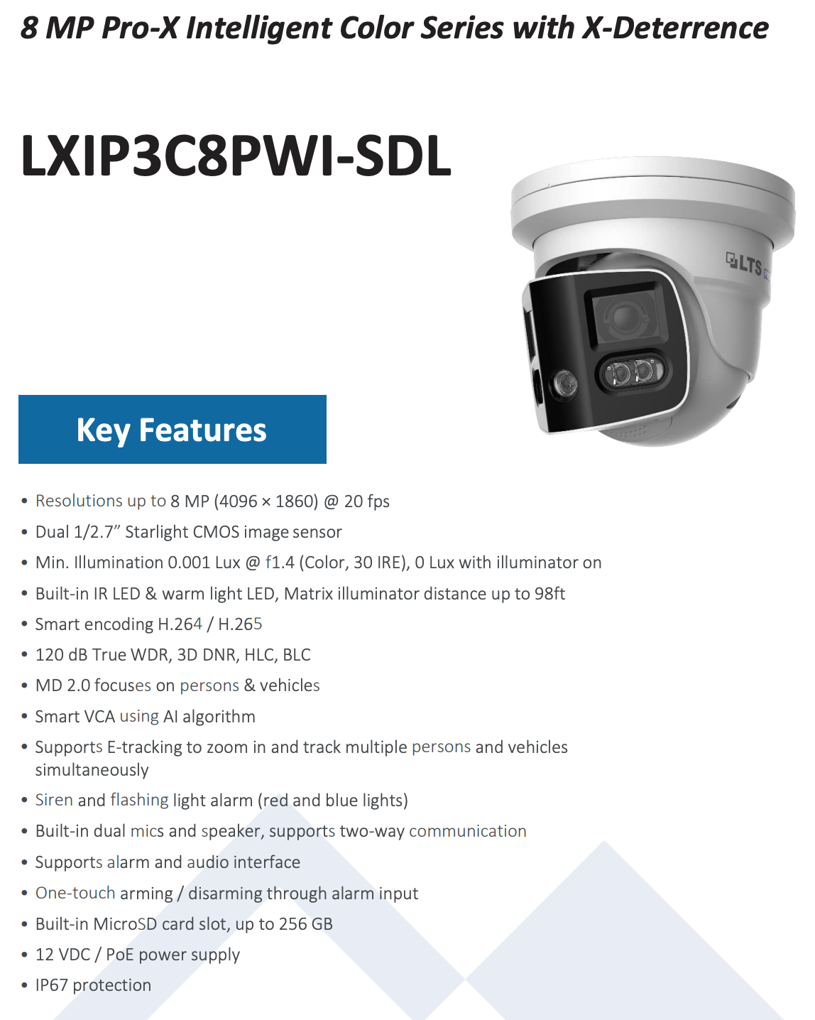 LTS Pro-X LXIP3C8PWI-SDL PRO-X IP 2x4MP 180 Angle Pano Deterrence 2 Ways Audio Ai Camera