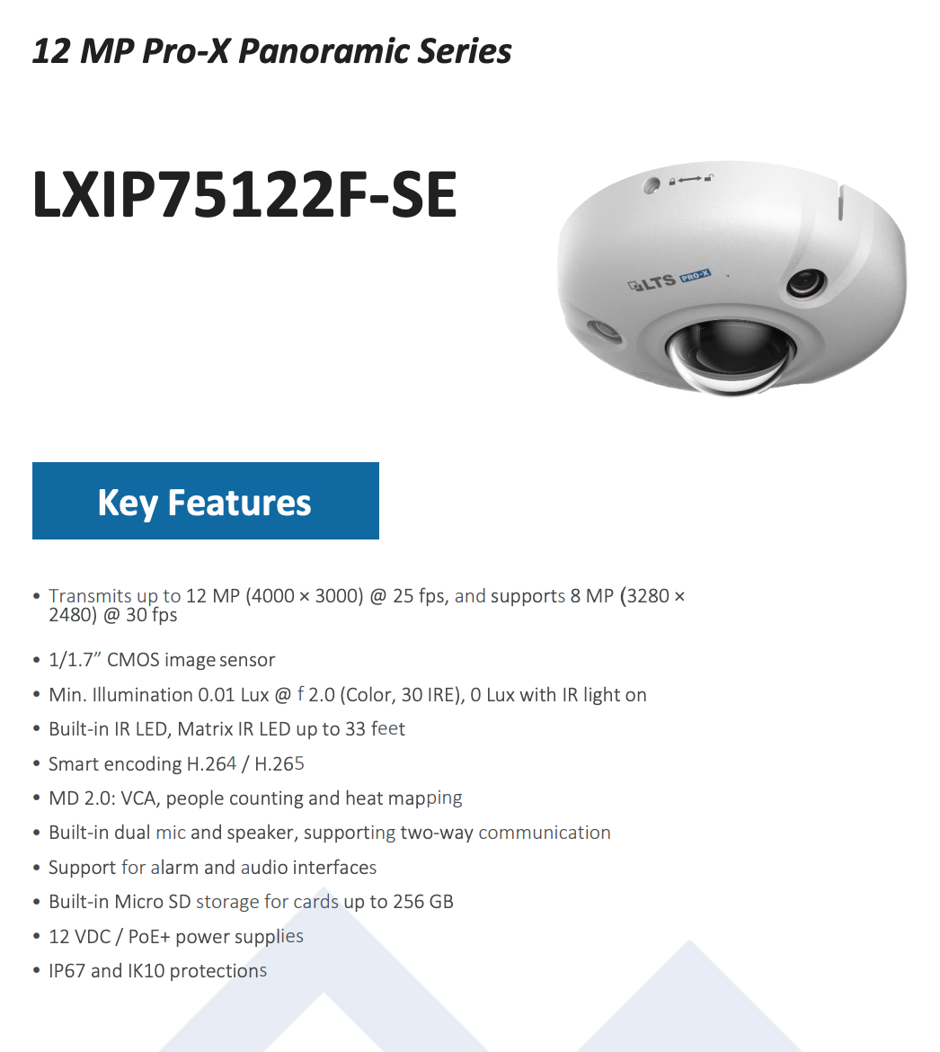 LTS Pro-X LXIP75122F-SE PRO-X IP  12MP Fisheye 2 Ways Audio 33ft IR Count People Ai NDAA Camera